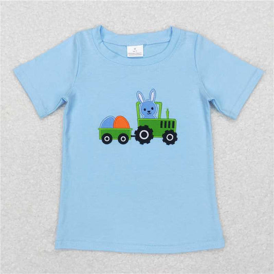 7.17 RTS NO MOQ Summer Baby Boys Shirt BT0426 Easter Blue Tractor Short Sleeve Shirt Tops