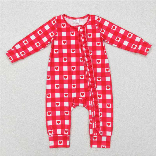 7.28 RTS NO MOQ Baby Girls Bodysuit LR0832 Red Hearts Long Sleeve Zip Valentines Rompers