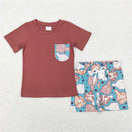 RTS NO MOQ Baby Boys kids Summer Sets BSSO0348 Western Cow Tags Pocket Top Shorts Clothes Sets