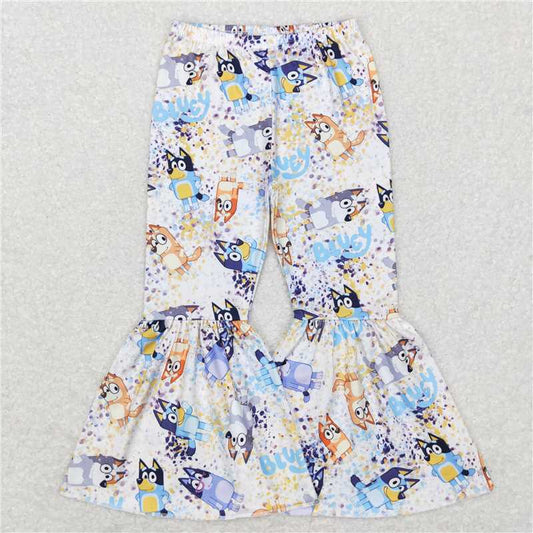 5.23 RTS NO MOQ Baby Girls Long Pants P0370 Dogs Sister Bell Bottom Pants