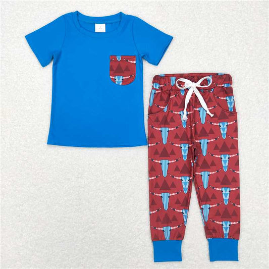 5.27 RTS NO MOQ Baby Boys Summer Sets BSPO0188 Western Short Sleeve Cow Aztec Pocket Shirt Pants Clothing Sets