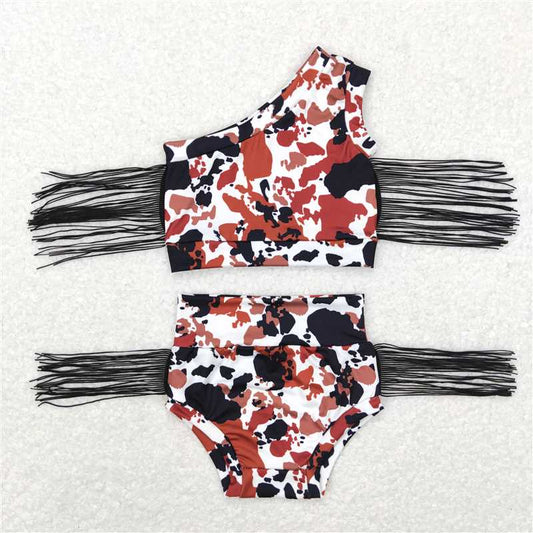 RTS NO MOQ Baby Girls Summer Outifts GBO0208 Tassel One Shoulder Cow Bummies Clothes Sets