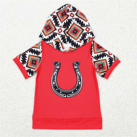 7.17 RTS NO MOQ Summer Baby Boys Shirt BT0459 Western Red Horse Shoes Hooded Tops