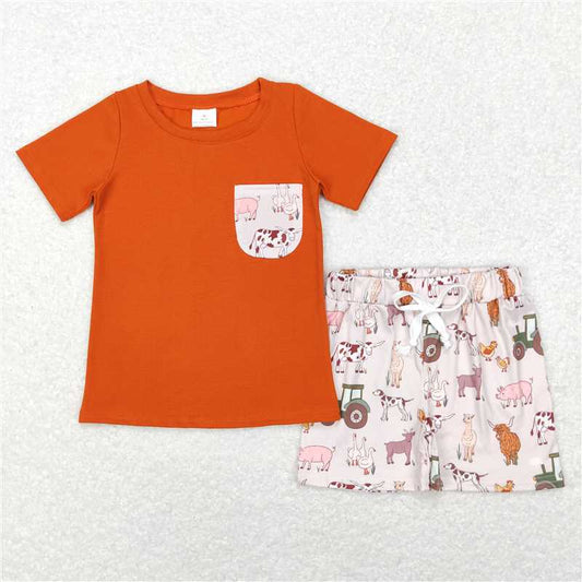 RTS NO MOQ Baby Boys kids Summer Sets BSSO0339 Farm Pocket Short Sleeve Tops Shorts Clothes Sets