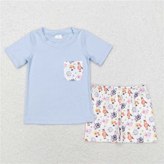 RTS NO MOQ Baby Boys kids Summer Sets BSSO0352 Cows Horse Blue Farm Shirt Top Shorts Clothing Sets