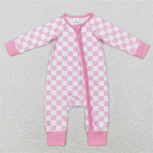 7.28 RTS NO MOQ Baby Girls Bodysuit LR0810 Pink Checkered Long Sleeve Zip Sleepers Rompers