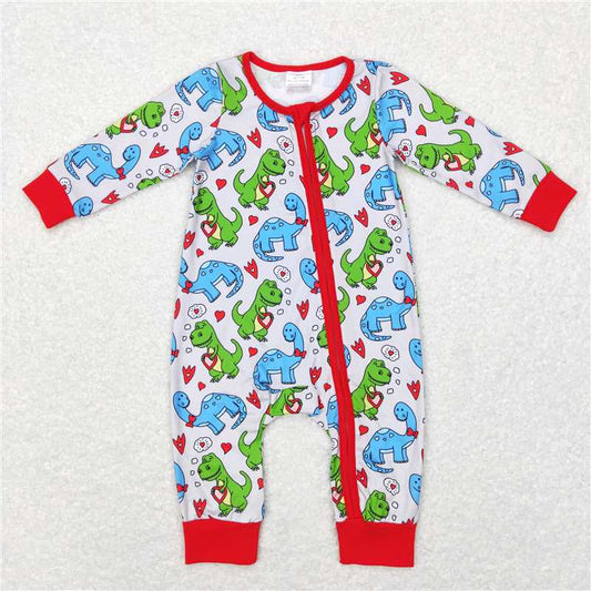 7.7 RTS NO MOQ Baby Boys Bodysuit LR0831 Valentines Dinosaur Hearts Long Sleeve Rompers