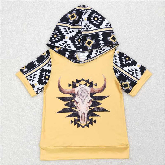 7.17 RTS NO MOQ Summer Baby Boys Shirt BT0458 Western Cow Skull Short Sleeve Hooded Tops