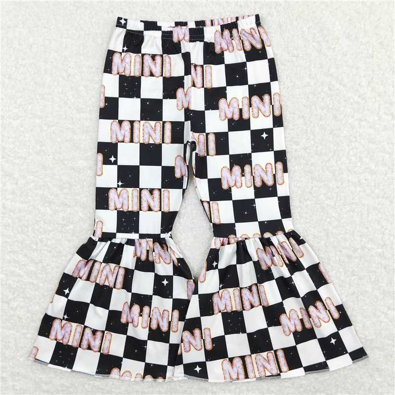 5.23 RTS NO MOQ Baby Girls Long Pants P0345 Mini Black Checkered Bell Bottom Flare Pants