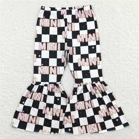 5.23 RTS NO MOQ Baby Girls Long Pants P0345 Mini Black Checkered Bell Bottom Flare Pants