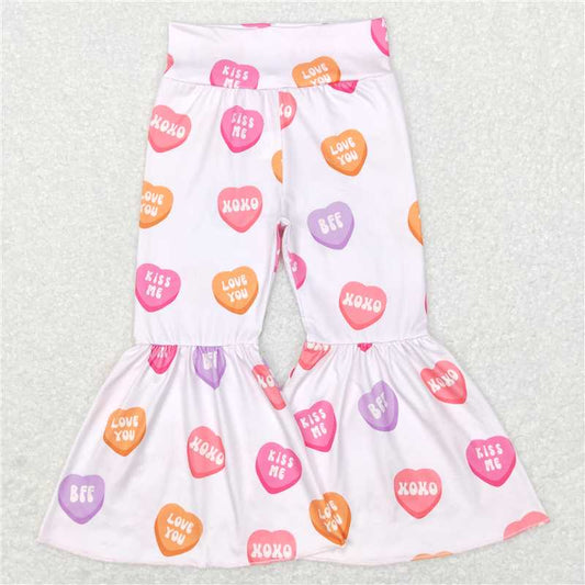 5.23 RTS NO MOQ Baby Girls Long Pants P0367 Valentines Hearts Pink Flare Bell Bottom Pants