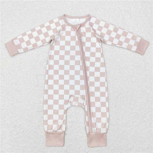 7.7 RTS NO MOQ Baby Boys Bodysuit LR0809 Khaki Checkered Long Sleeve Zip Sleepers Rompers