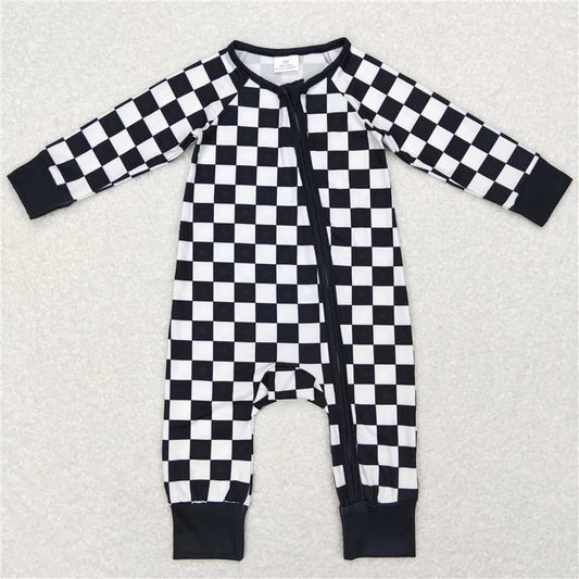 7.7 RTS NO MOQ Baby Boys Bodysuit LR0812 Black Checkered Long Sleeve Zip Sleepers Rompers
