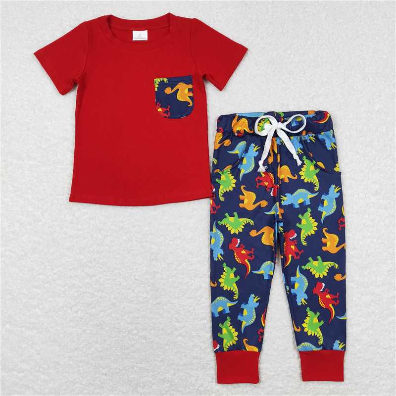 5.27 RTS NO MOQ Baby Boys Summer Sets BSPO0173 Red Short Sleeve Tee Shirts Dinosaur Pants Clothes Sets