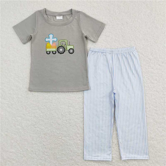 7.3 RTS NO MOQ Baby Boys Summer Sets BSPO0194 Easter Eggs Tractor Tee Shirt Pants Clothing Sets