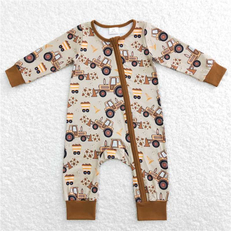 7.7 RTS NO MOQ Baby Boys Bodysuit LR0508 Brown Construction Zip Rompers