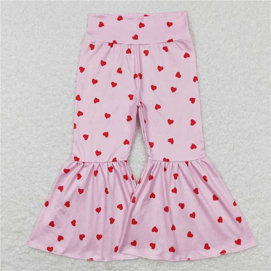 RTS NO MOQ Baby Girls Long Pants P0339 Valentine's Day Pink Hearts Bell Bottom Pants
