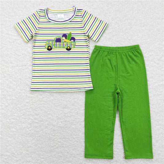 7.3 RTS NO MOQ Baby Boys Summer Sets BSPO0215 Mardi Gras Tractor Shirt Top Pants Clothes Sets