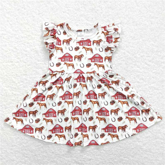 8.2 RTS NO MOQ Summer Baby Girls Dresses GSD0518 Flutter Sleeve Farm Horse Knee Length Dresses