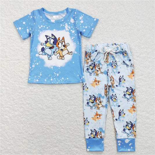 5.27 RTS NO MOQ Baby Boys Summer Sets BSPO0222 Blue Dog Short Sleeve Shirt Top Pants Clothes Sets