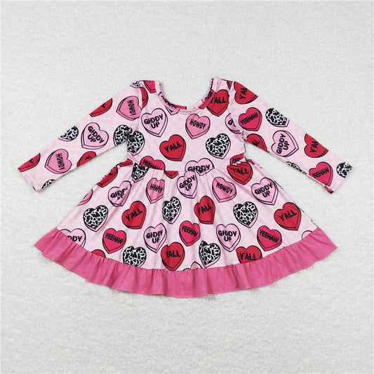 6.13 RTS NO MOQ Baby Girls Long Sleeve GLD0422 Valentines Hearts Western Knee Length Dresses