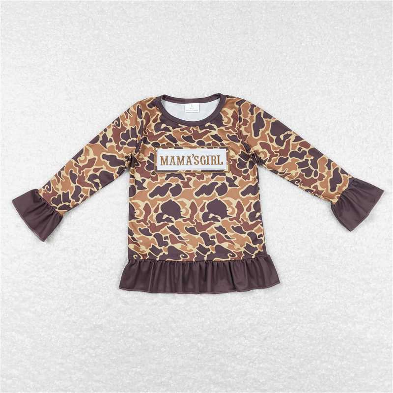 5.22 RTS NO MOQ Baby Girls Long Sleeve GT0405 Mama's Girl Brown Camo Ruffle Tee Shirts Tops