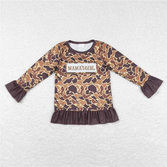 5.22 RTS NO MOQ Baby Girls Long Sleeve GT0405 Mama's Girl Brown Camo Ruffle Tee Shirts Tops