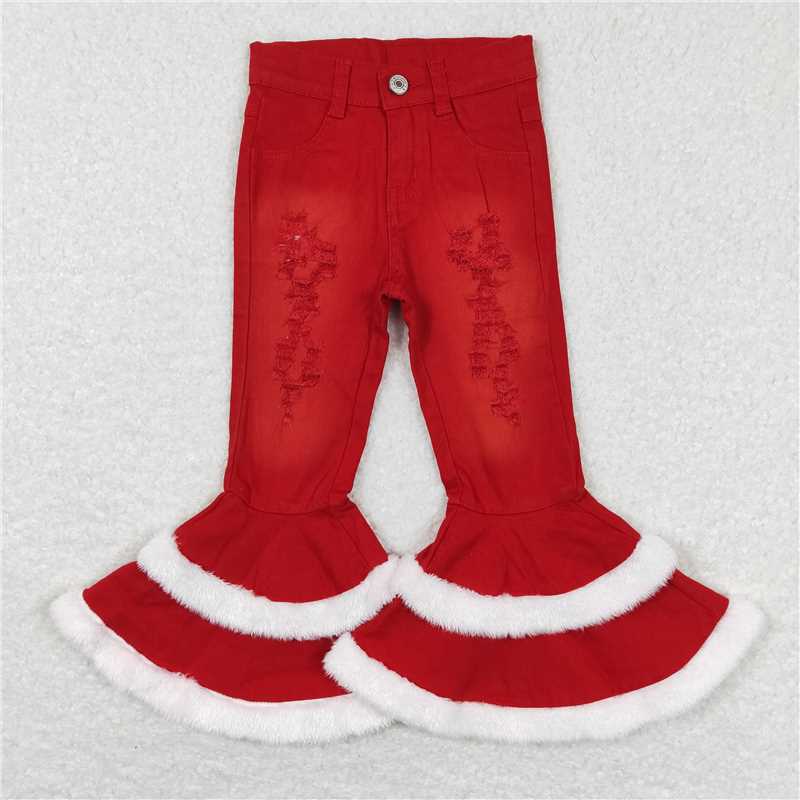 RTS NO MOQ Baby Girls Pants P0334 Red Distressed Ruffle Fur Bell Bottom Denim Pants