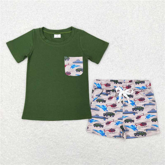 RTS NO MOQ Baby Boys kids Summer Sets BSSO0338 Green Army Pocket Tee Shirt Top Shorts Clothes Sets