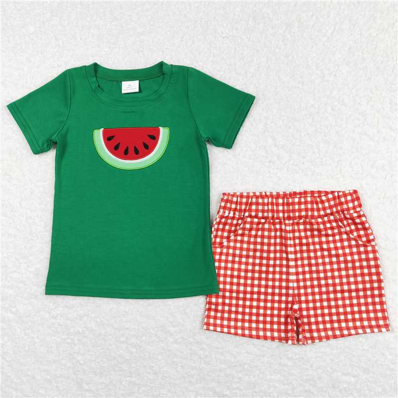 RTS NO MOQ Baby Boys kids Summer Sets BSSO0345 Watermelon Short Tee Summer Shirts Checkered Shorts Clothes Sets