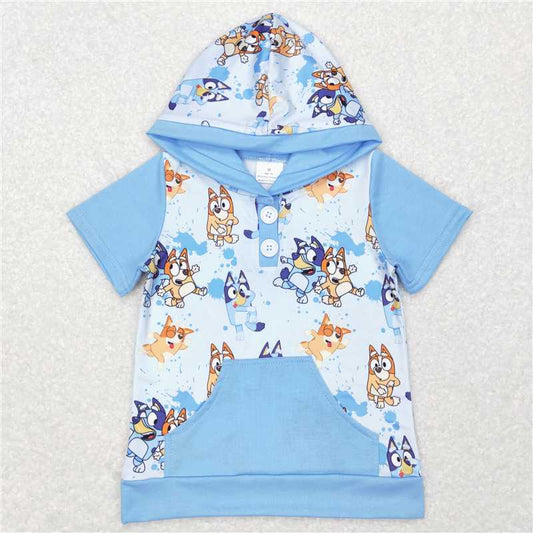 7.17 RTS NO MOQ Summer Baby Boys Shirt BT0452 Blue Dog Hooded Short Sleeve Shirts Tops