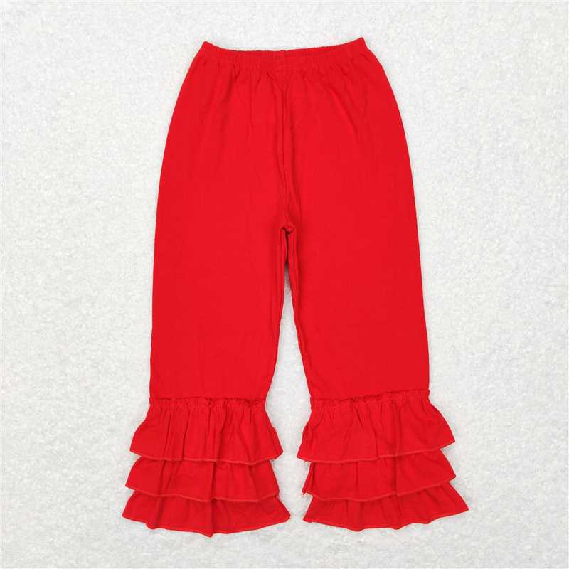 RTS NO MOQ Baby Girls Long Pants P0409 Red Cotton Triple Ruffle Bottom Pants