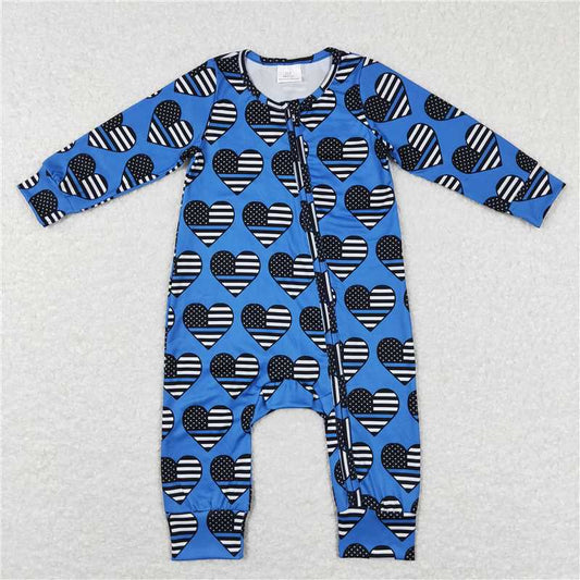 7.7 RTS NO MOQ Baby Boys Bodysuit LR0850 Flag Hearts Blue Long Sleeve Zip Rompers