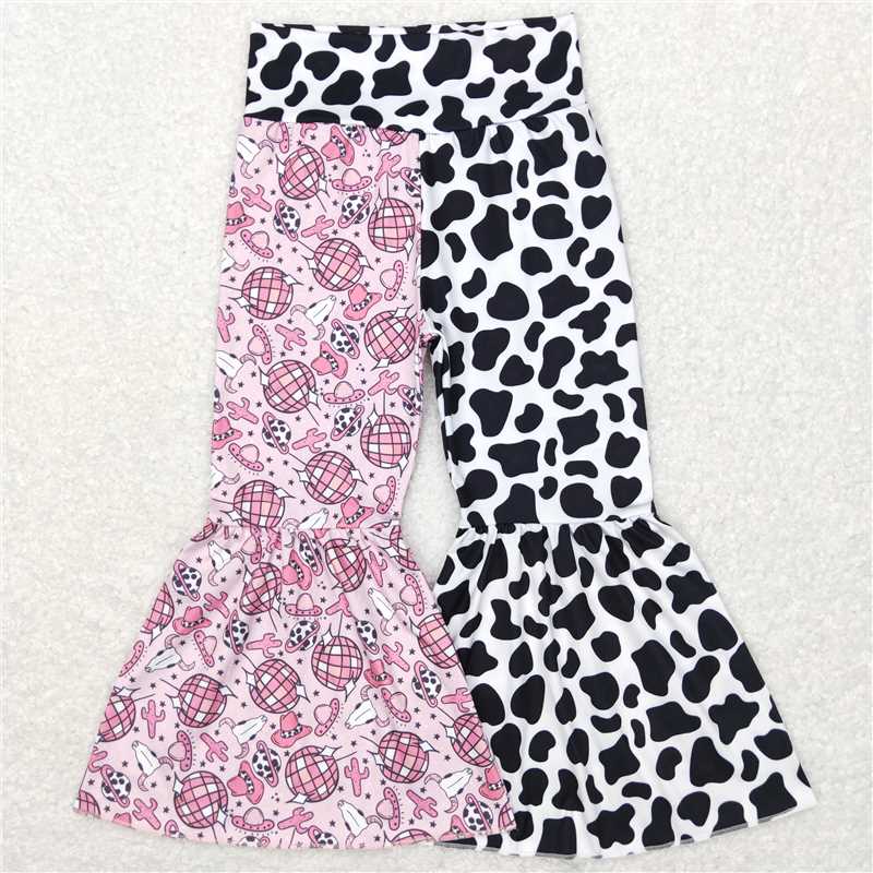 RTS NO MOQ Baby Girls Long Pants P0369 Cow Disco Western Black White Flare Bell Bottom Pants