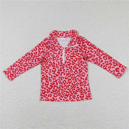 5.22 RTS NO MOQ Baby Girls Long Sleeve GT0414 Valentines Pink Leopard Zip Pullover Long Sleeve Tops