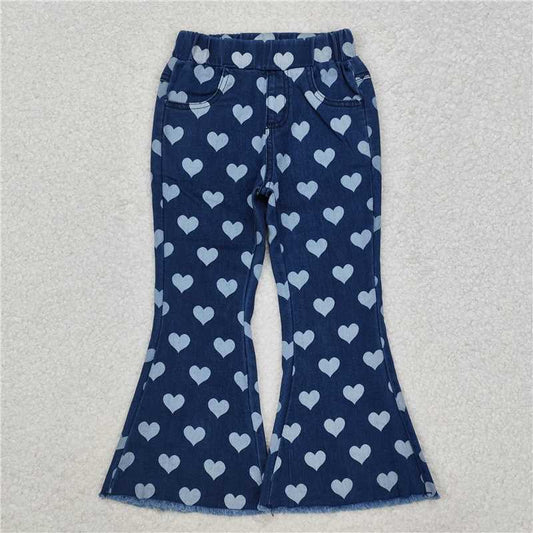 RTS NO MOQ Baby Girls Pants P0333 Hearts Print Valentines Bell Denim Pants Jeans