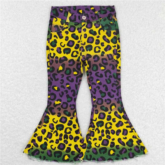 RTS NO MOQ Baby Girls Pants P0314 Mardi Gras Colorful Leopard Bell Denim Pants Jeans
