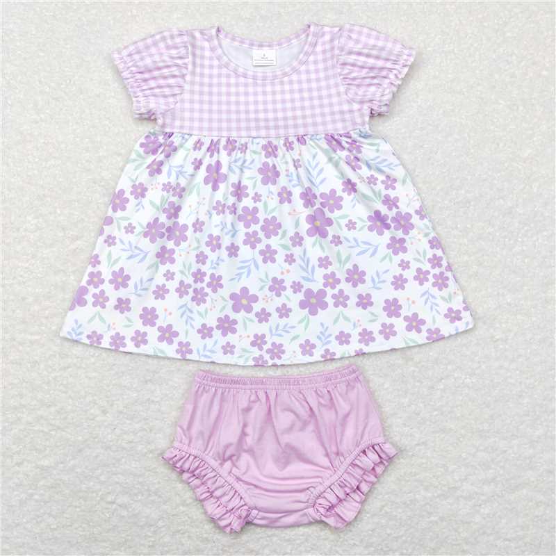 RTS NO MOQ Baby Girls Summer Outifts GBO0214 Purple Small Flowers Sister Short Sleeve Sets