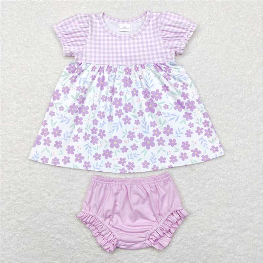 RTS NO MOQ Baby Girls Summer Outifts GBO0214 Purple Small Flowers Sister Short Sleeve Sets
