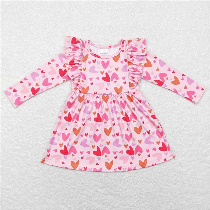 6.13 RTS NO MOQ Baby Girls Long Sleeve GLD0460 Valentines Hearts Pink Red Knee Length Dresses