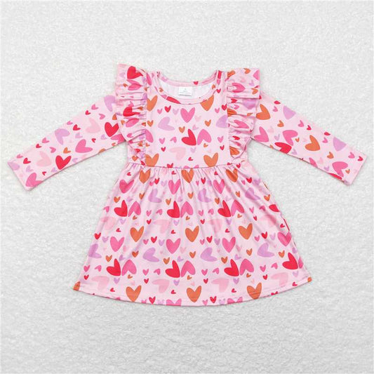 6.13 RTS NO MOQ Baby Girls Long Sleeve GLD0460 Valentines Hearts Pink Red Knee Length Dresses