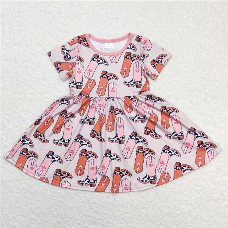 8.1 RTS NO MOQ Summer Baby Girls Dresses GSD0542 Short Sleeve Western Boots Pink Knee Length Dresses