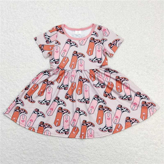 8.1 RTS NO MOQ Summer Baby Girls Dresses GSD0542 Short Sleeve Western Boots Pink Knee Length Dresses