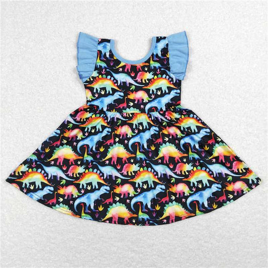 8.1 RTS NO MOQ Summer Baby Girls Dresses GSD0516 Colorful Dinosaur Flutter Sleeve Twirl Knee Length Dresses
