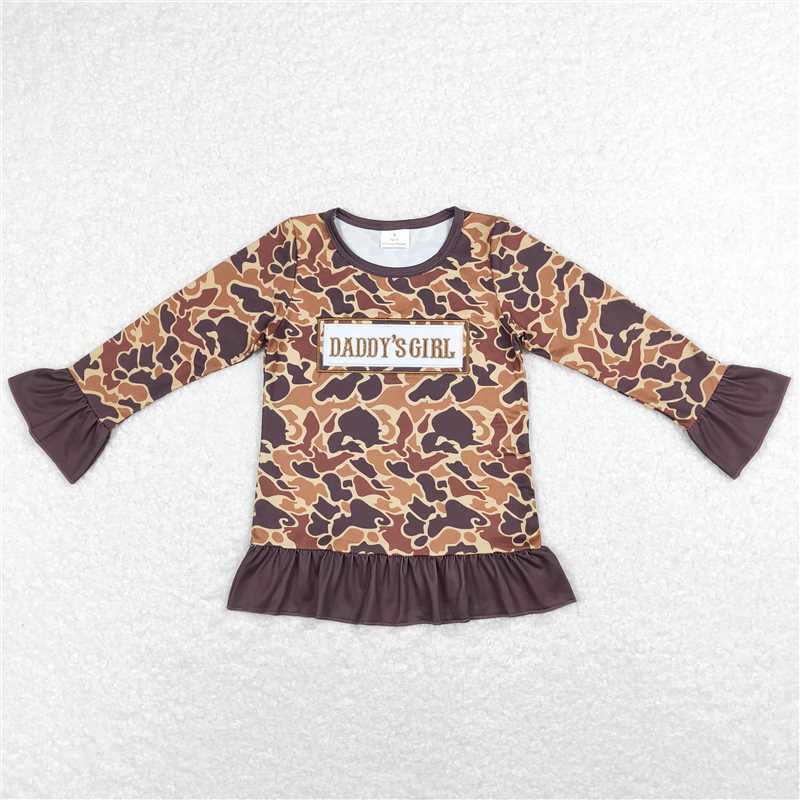 5.22 RTS NO MOQ Baby Girls Long Sleeve GT0404 Daddy's Girl Brown Camo Ruffle Tee Shirts Tops