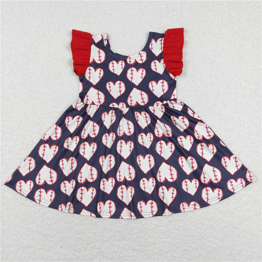 8.1 RTS NO MOQ Summer Baby Girls Dresses GSD0514 Flutter Sleeve Baseball Red Twirl Knee Length Dresses