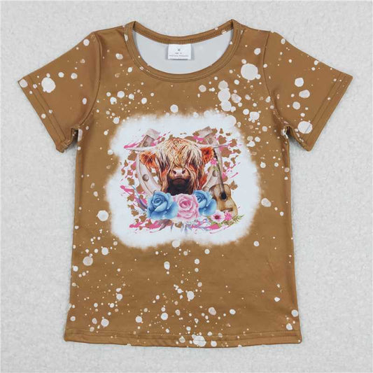 5.20 RTS NO MOQ Summer Baby Girls Short Sleeve GT0333 Highland Cow Flowers Tee Shirts Tops