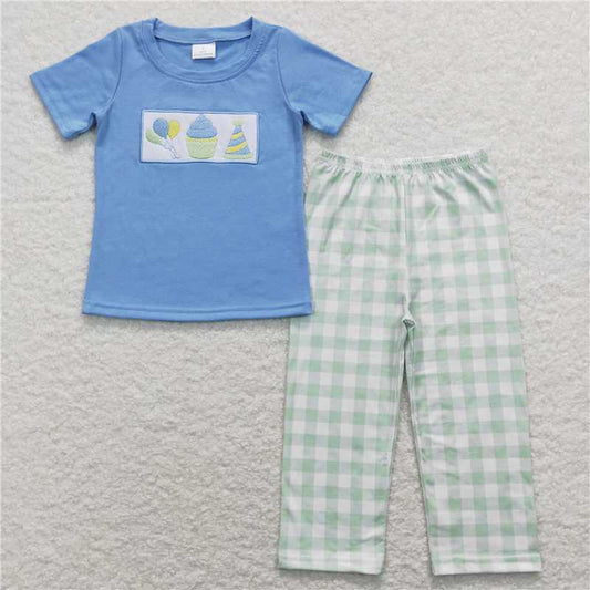 5.27 RTS NO MOQ Baby Boys Summer Sets BSPO0190 Blue Birthday Short Sleeve Tee Shirts Top Pants Clothing Sets
