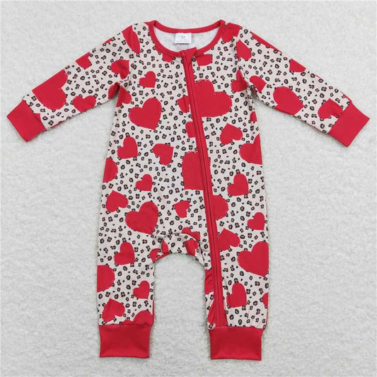 7.28 RTS NO MOQ Baby Girls Bodysuit LR0775 Valentines Hearts Leopard Long Sleeve Zip Rompers