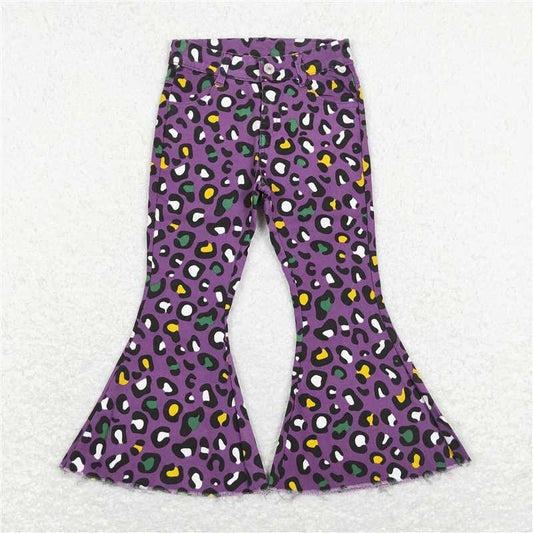 RTS NO MOQ Baby Girls Pants P0313 Mardi Gras Purple Leopard Bell Denim Pants Jeans